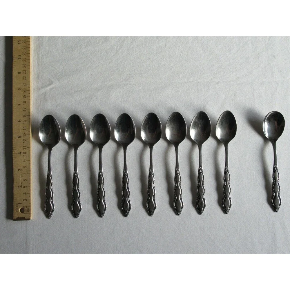 Lot of 9 National Stainless Marquee 8 Teaspoon +1 Sugar Spoon Japan Vintage 6.2